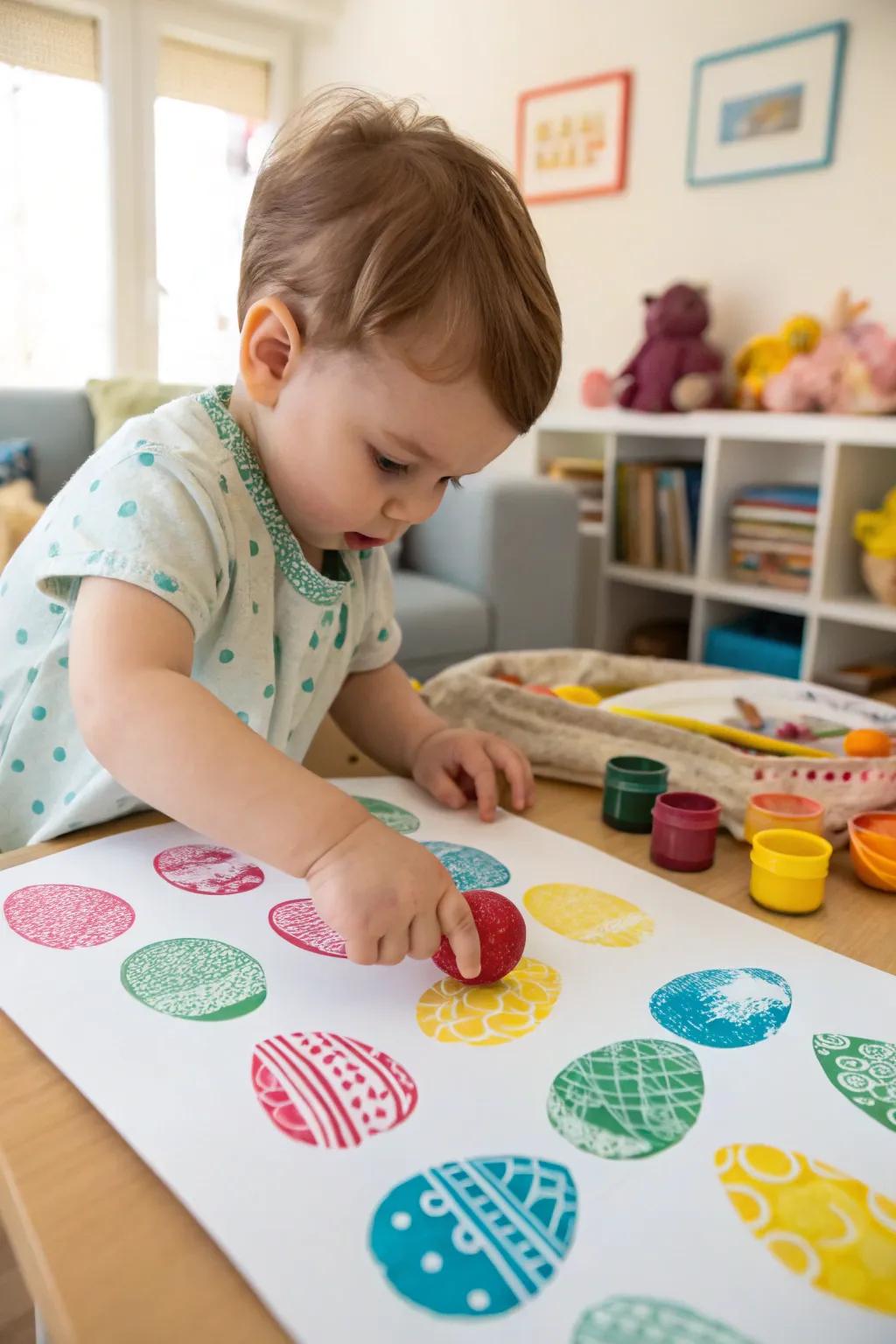 Toddler creating art with homemade gem stamps.