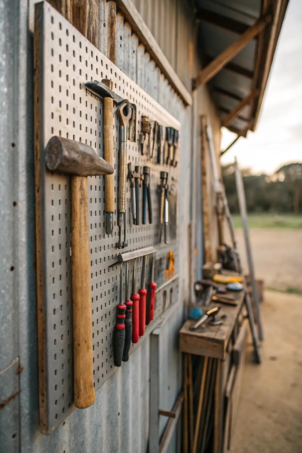 Perforated panels offer flexible wall storage for tools.