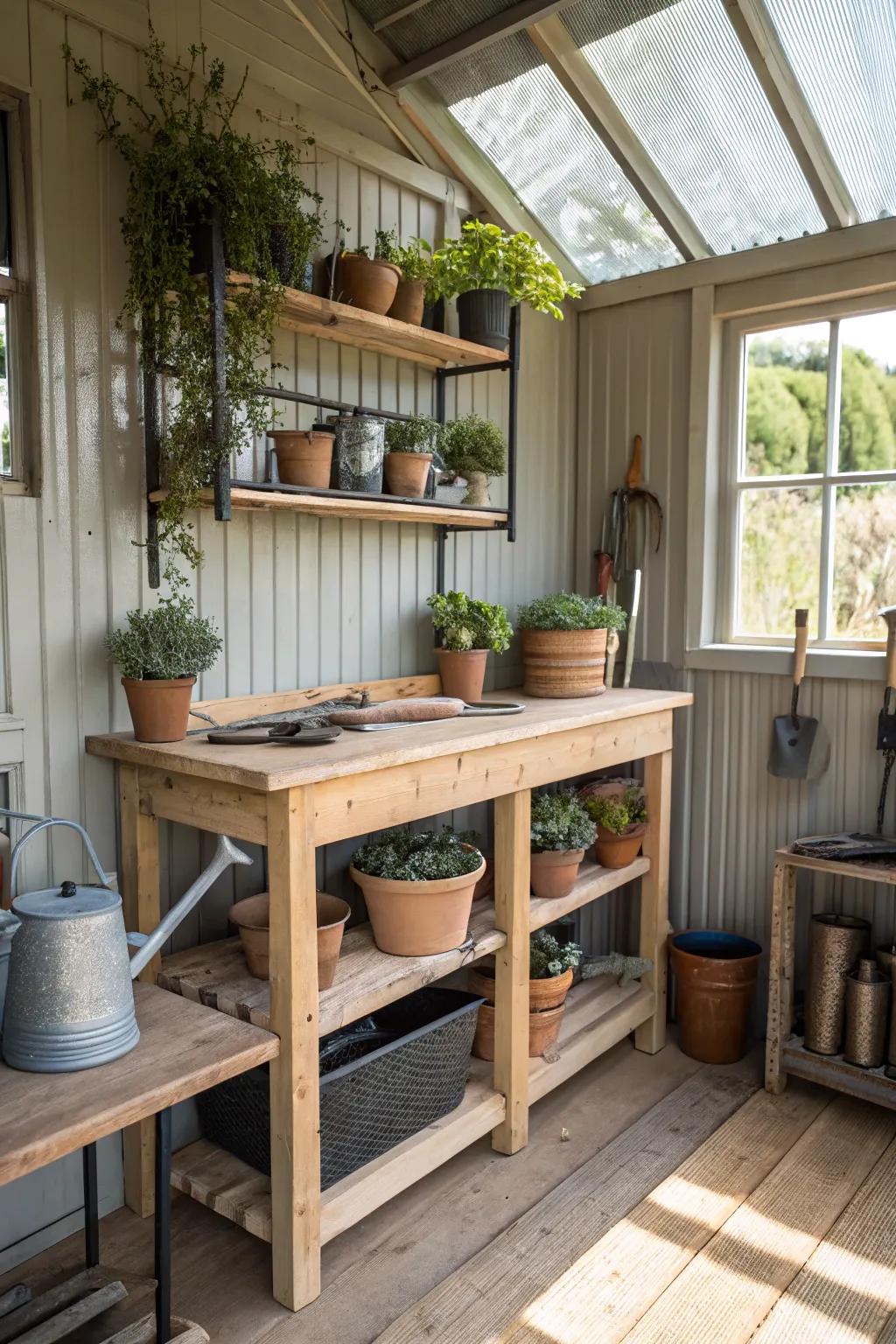 A gardening bench provides a dedicated space for potting and repairs.