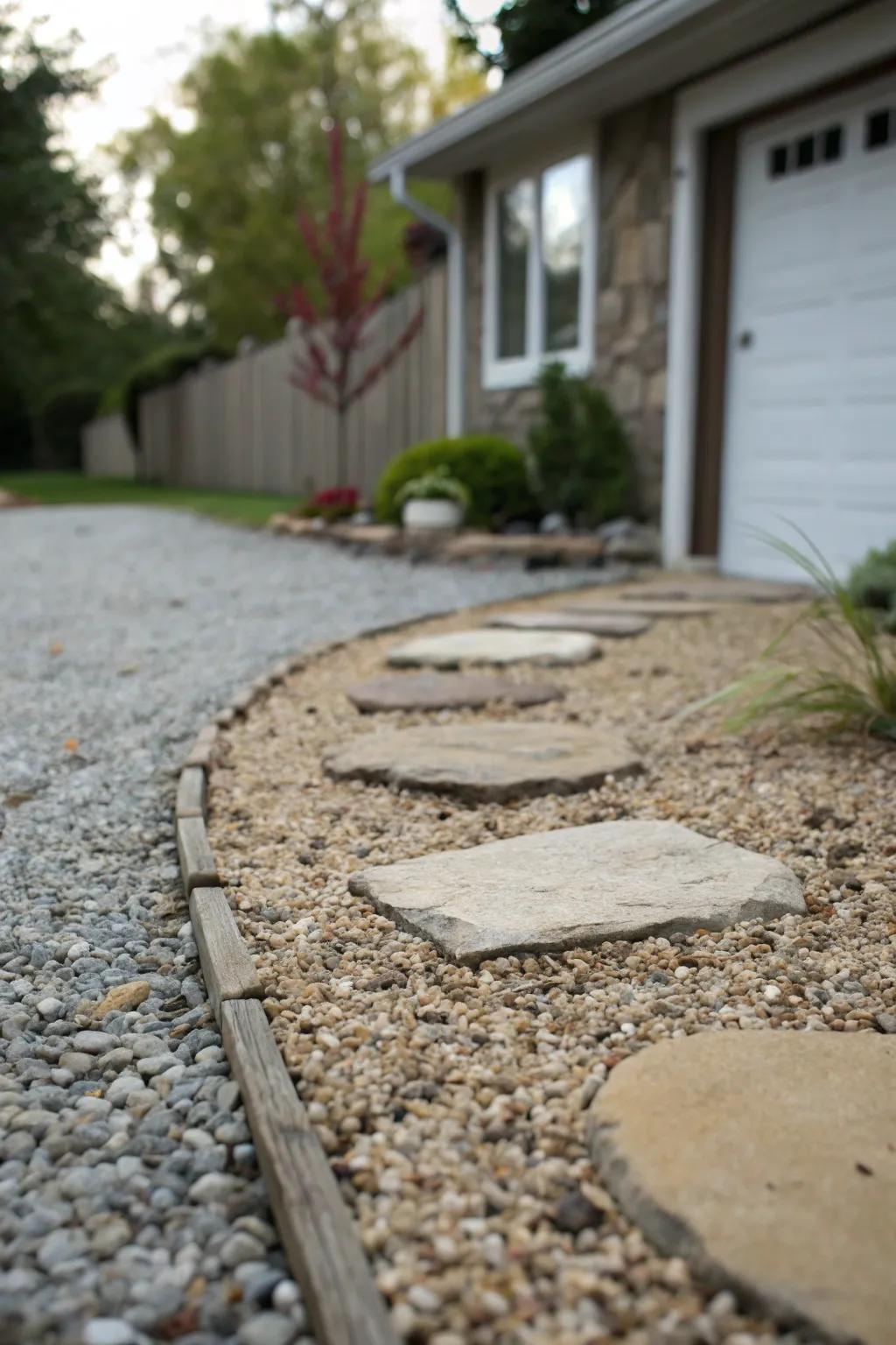 Rustic gravel and stepping stones forming a permeable driveway.