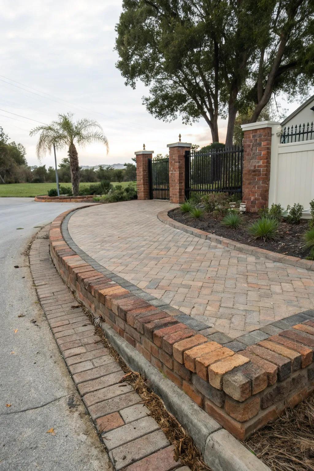 Reclaimed bricks adding rustic character to driveway edges.