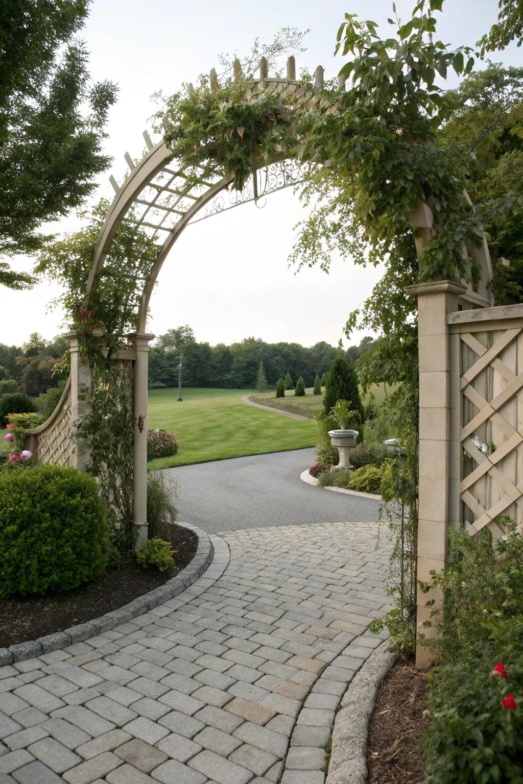 An elegant archway creating a grand entrance to the driveway.