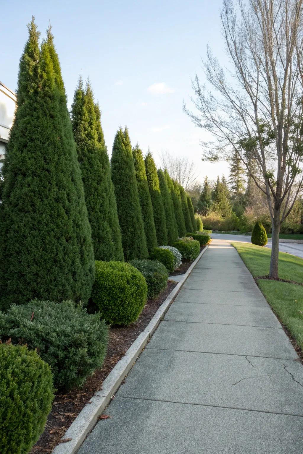 Neatly trimmed evergreen shrubs enhancing a driveway corner.
