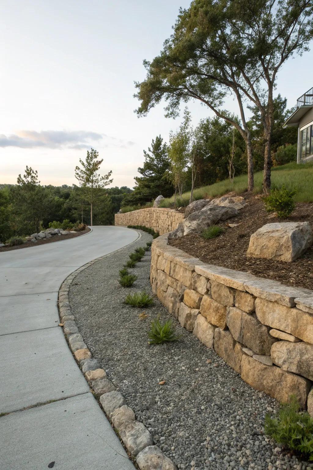 Natural stone retaining wall adding depth to driveway landscaping.