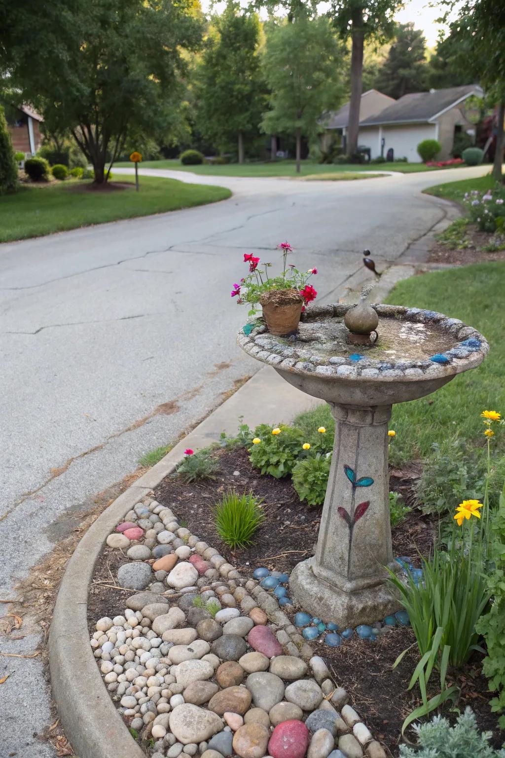A decorative birdbath inviting birds and enhancing garden beauty.
