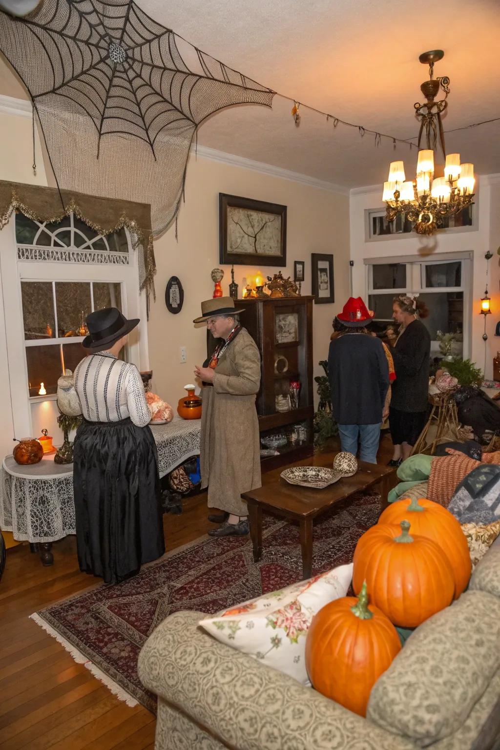Guests dressed in vintage costumes at a ball