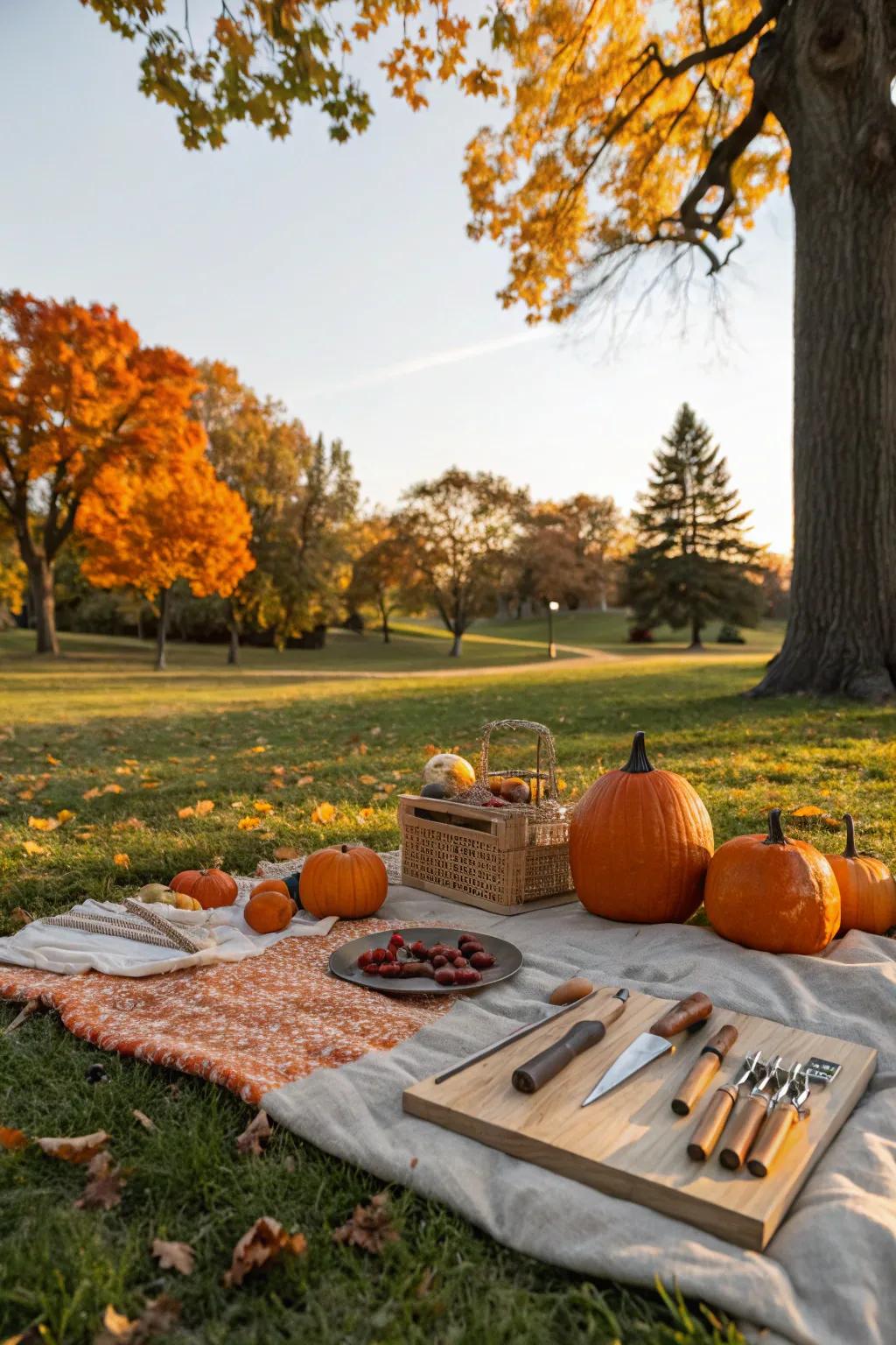Picnic setup for pumpkin carving