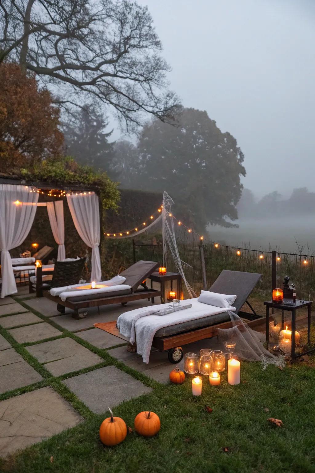 Outdoor spa setup for a calming Halloween evening