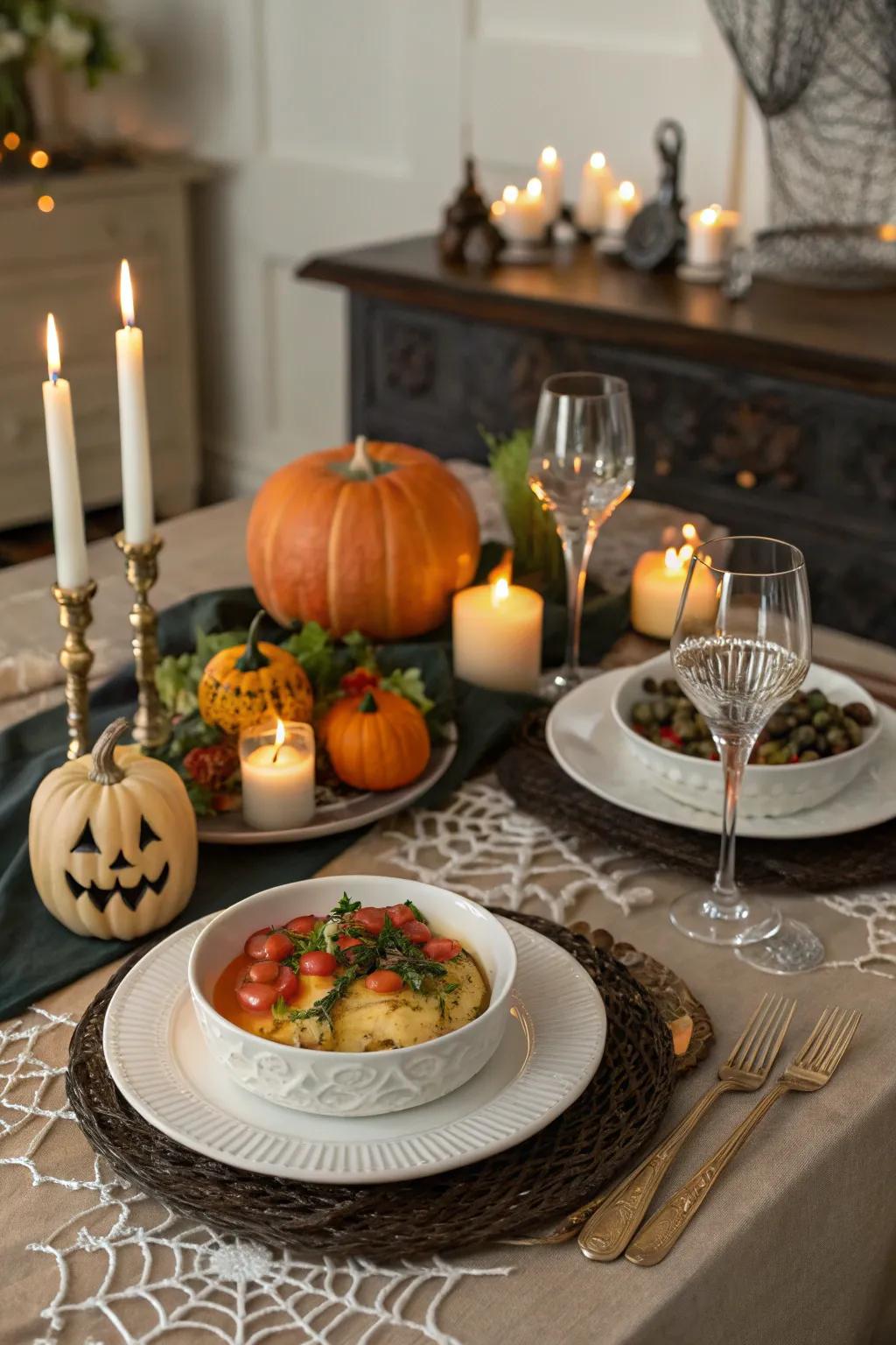 Elegant Halloween-themed dining setup