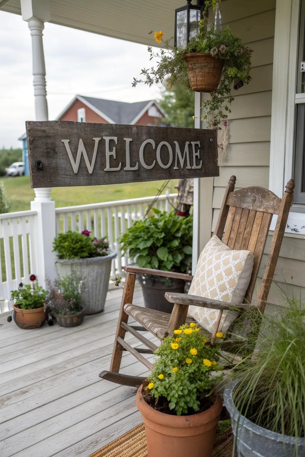 A rustic reclaimed wood sign welcoming guests on a front porch.