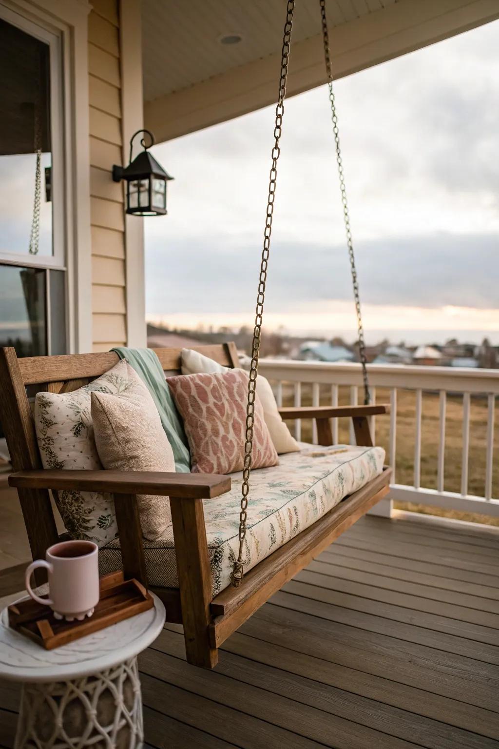 A cozy wooden porch swing adorned with cushions.