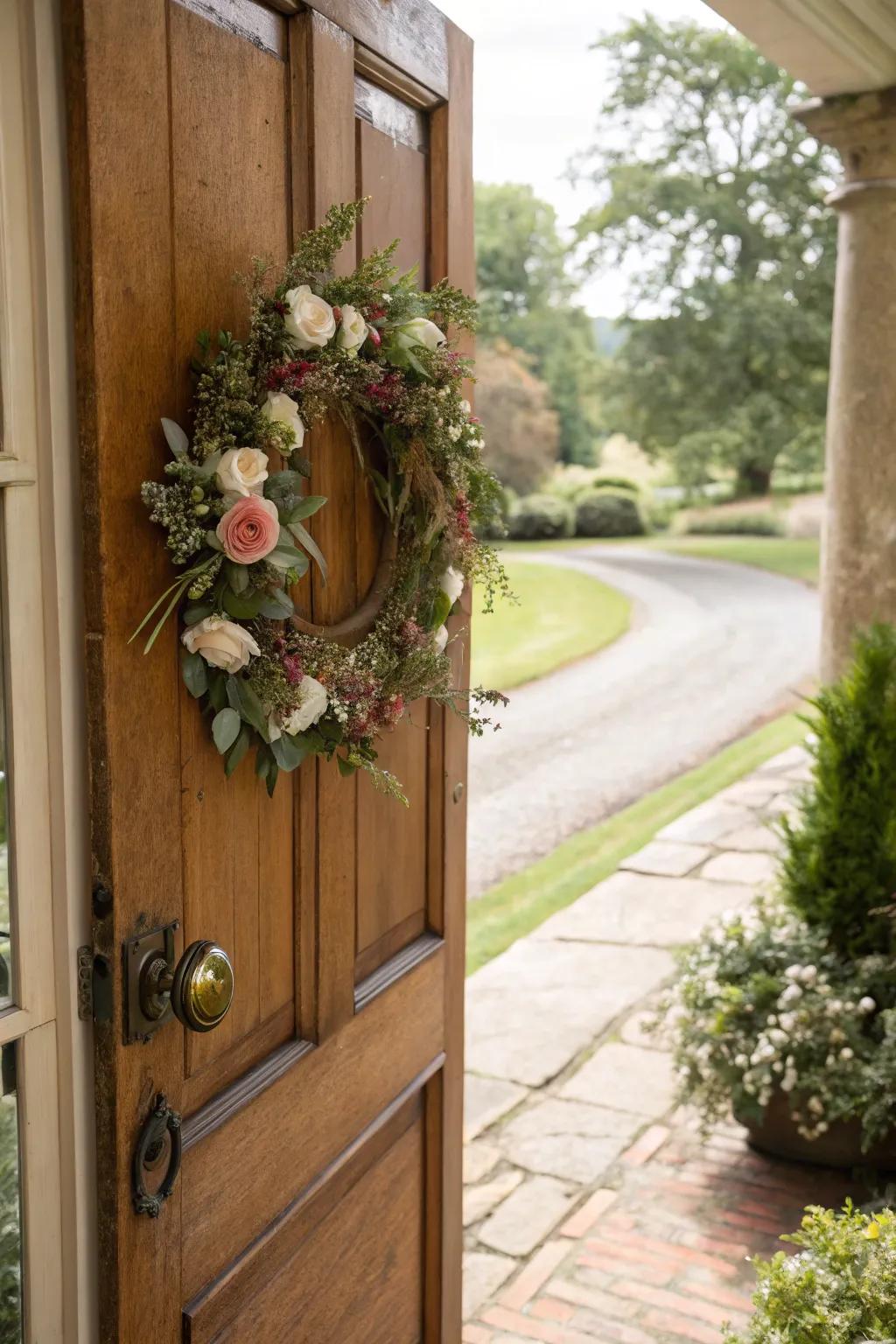 A front door decorated with a lush floral wreath.