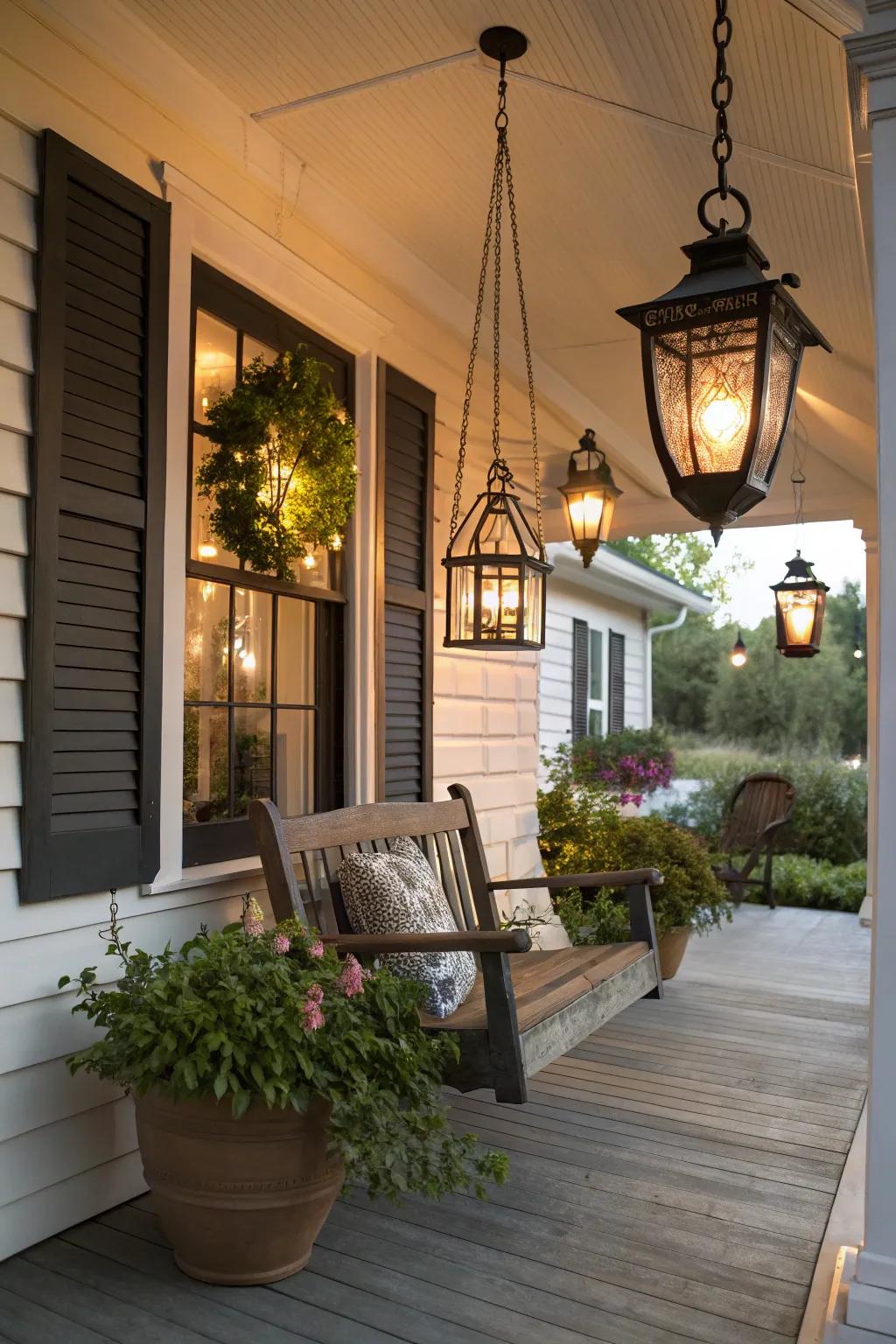 Soft glowing lanterns illuminating a front porch.