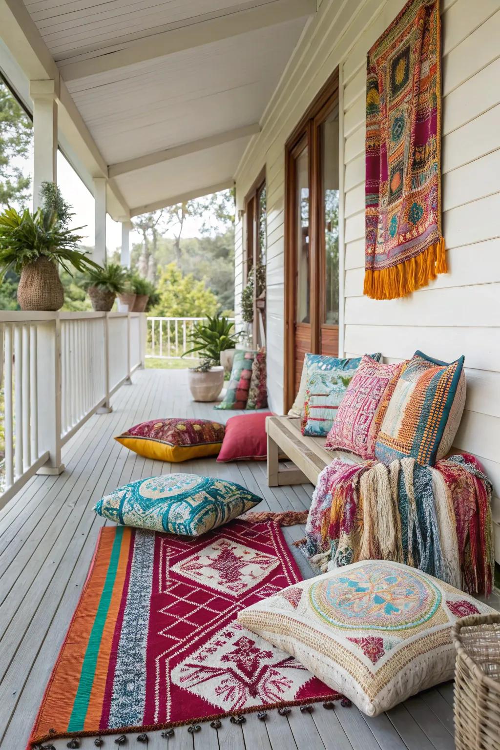 A vibrant mix of cushions and throws on porch seating.