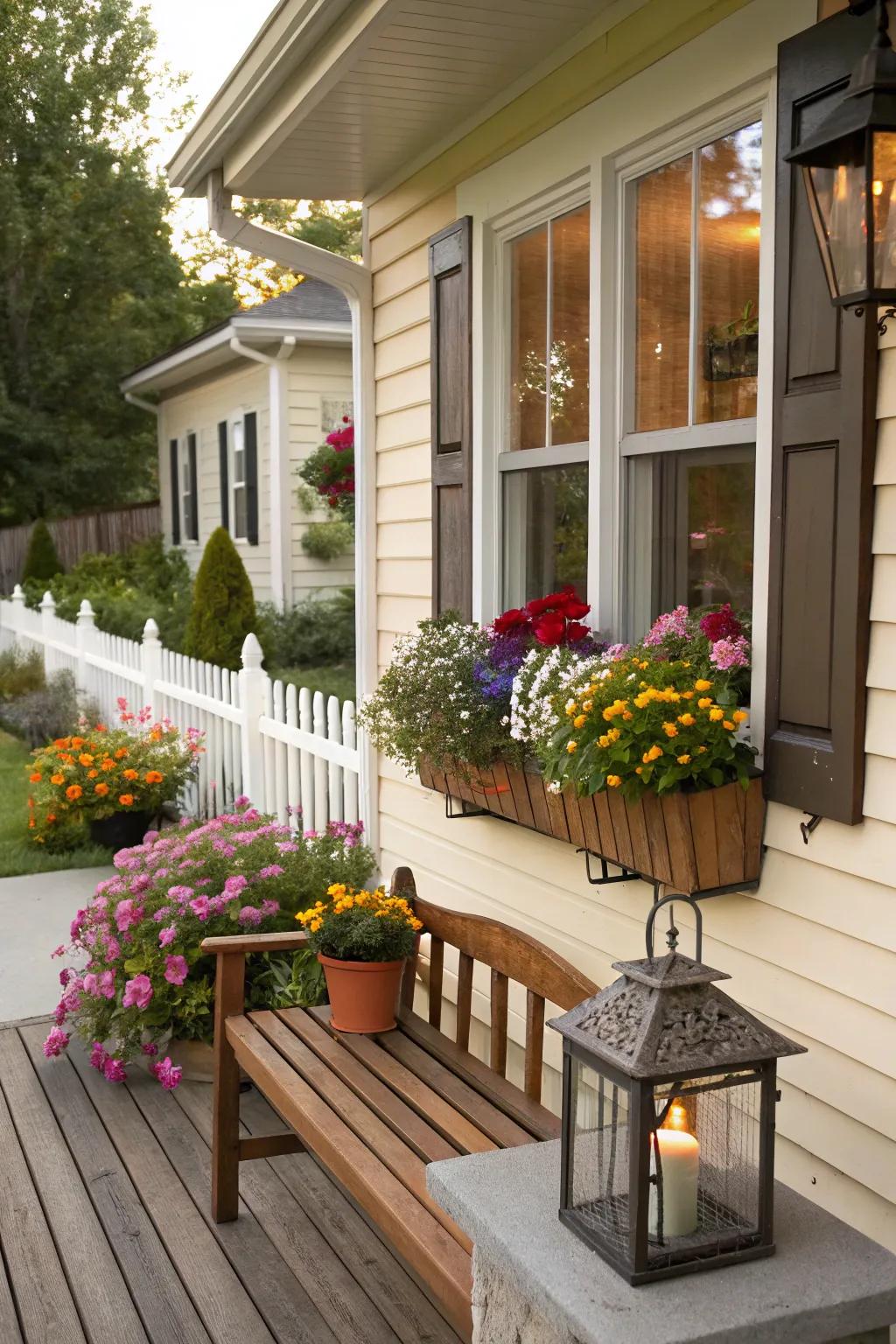 Window planters filled with colorful flowers brighten a porch.