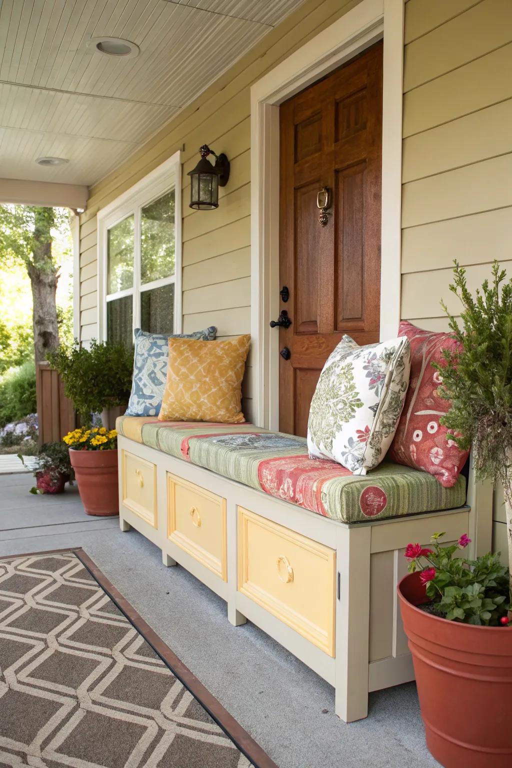 A storage bench with cushions on a front porch.