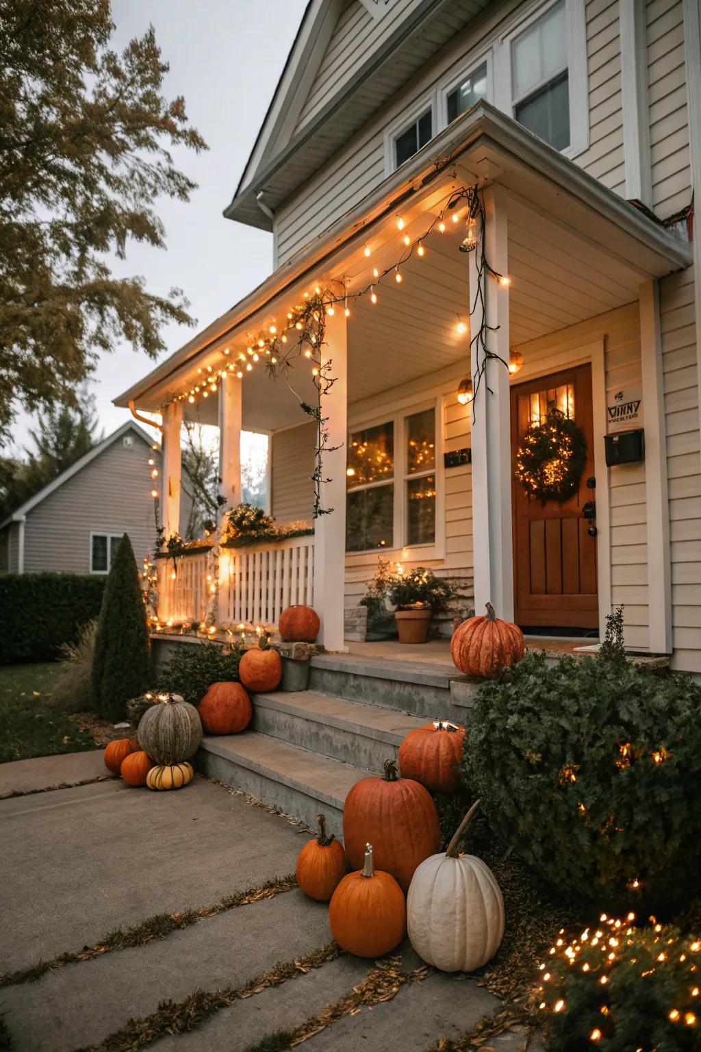 Seasonal decorations including pumpkins and lanterns on a porch.