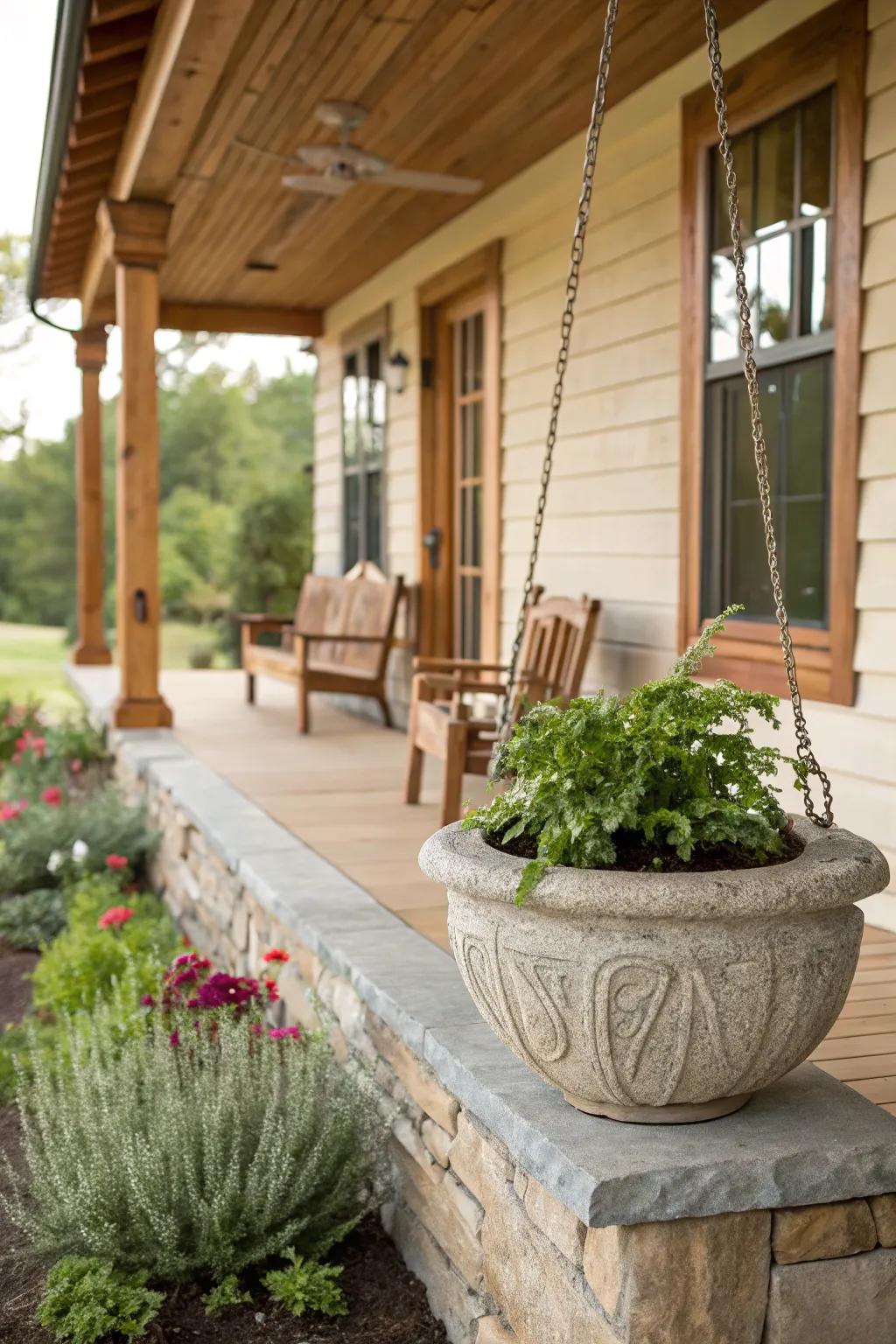 A porch featuring wooden accents and stone planters.