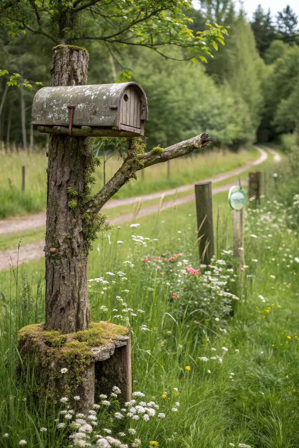 Branch-inspired mailbox posts create a whimsical, nature-inspired look.