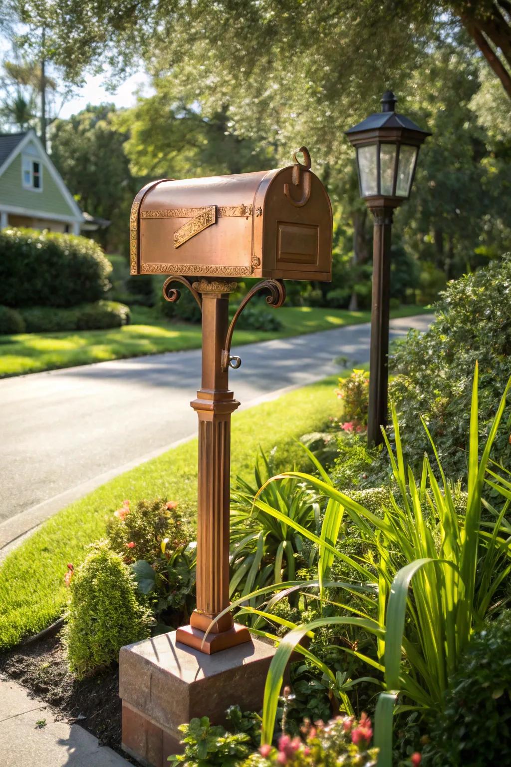 Copper mailbox posts exude warmth and timeless elegance.