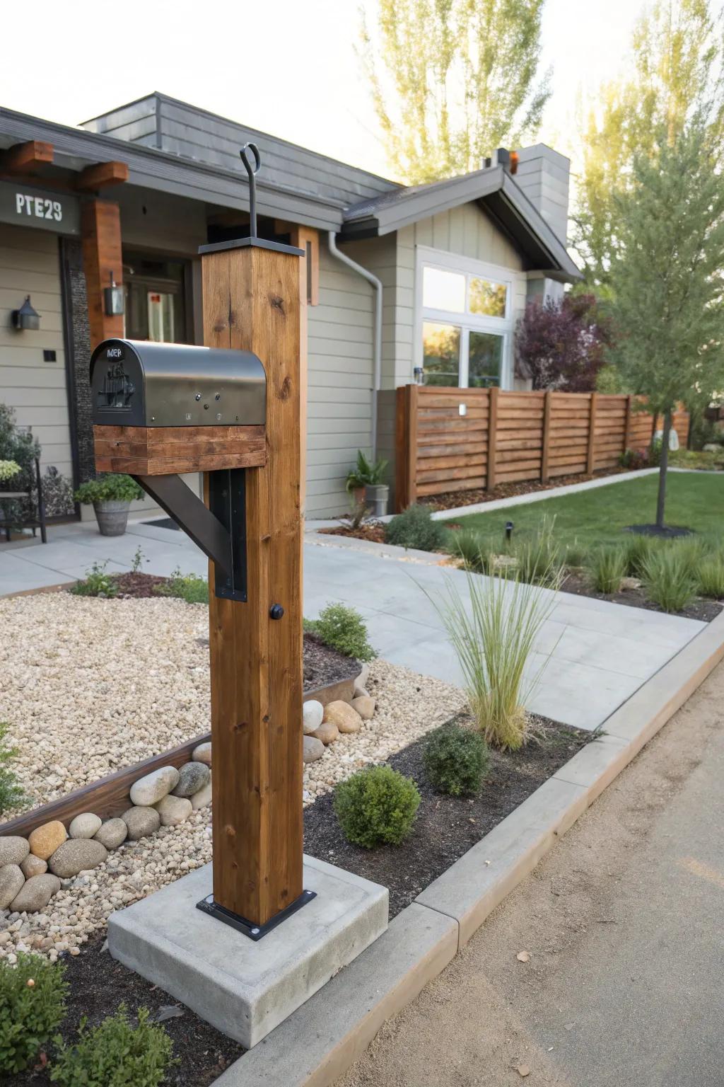 Mailbox posts combining wood and metal create a stylish rustic-modern look.