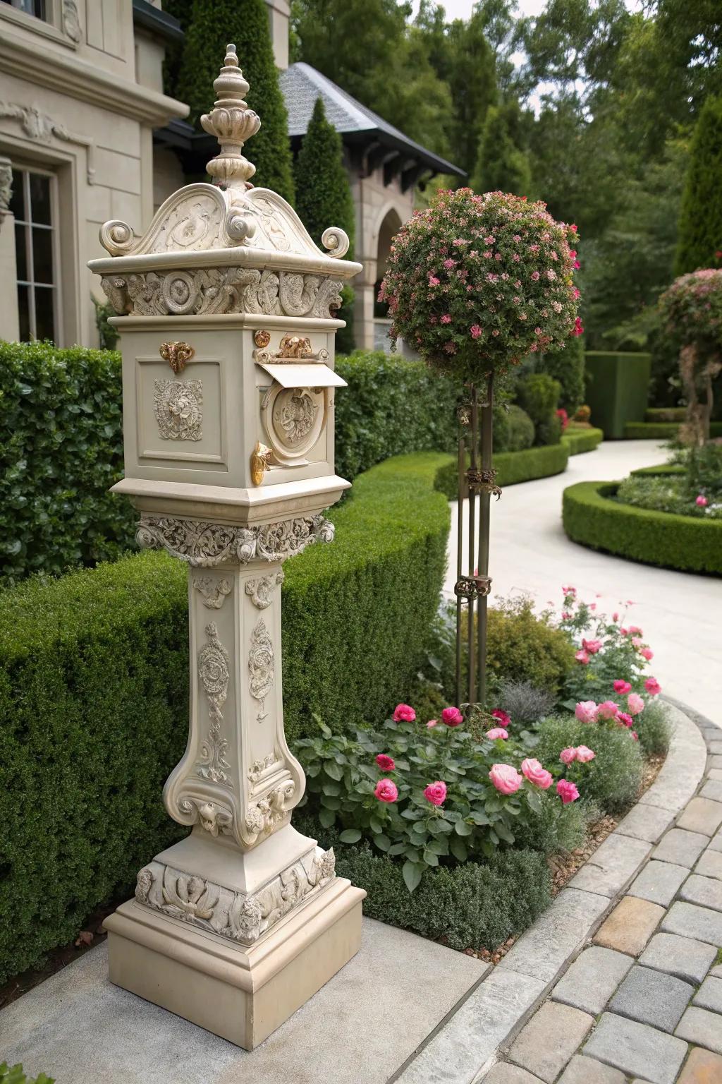 Ornate mailbox posts add sophistication and artistic detail.