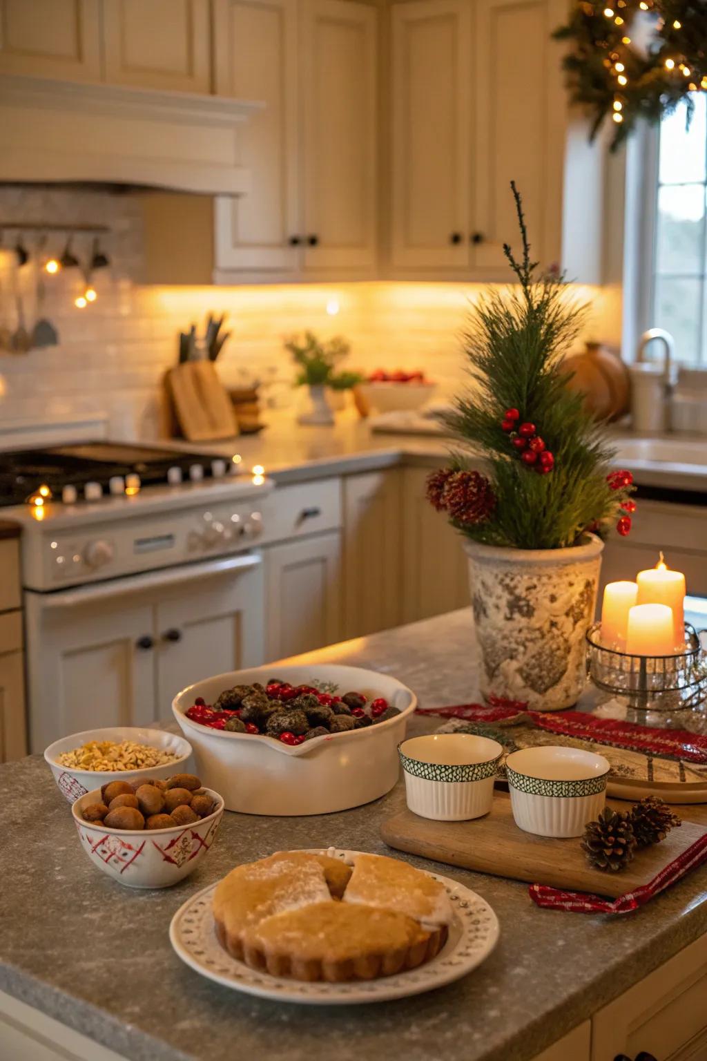 A kitchen filled with Christmas cheer through seasonal dishware.