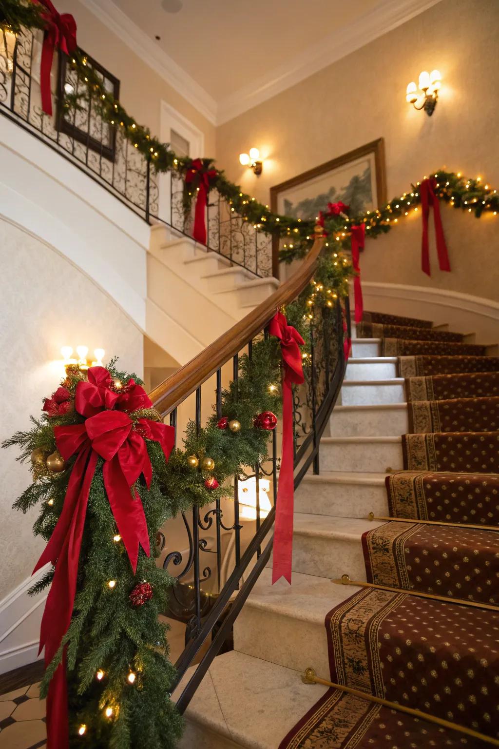 A staircase elegantly decorated with garlands and ribbons.