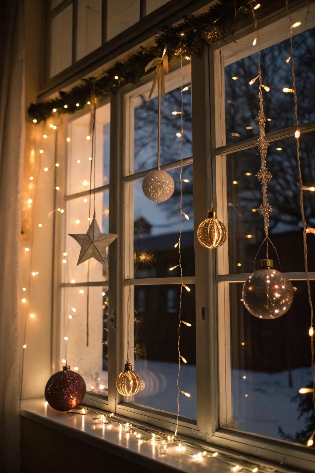 A window wonderland with ornaments and fairy lights.