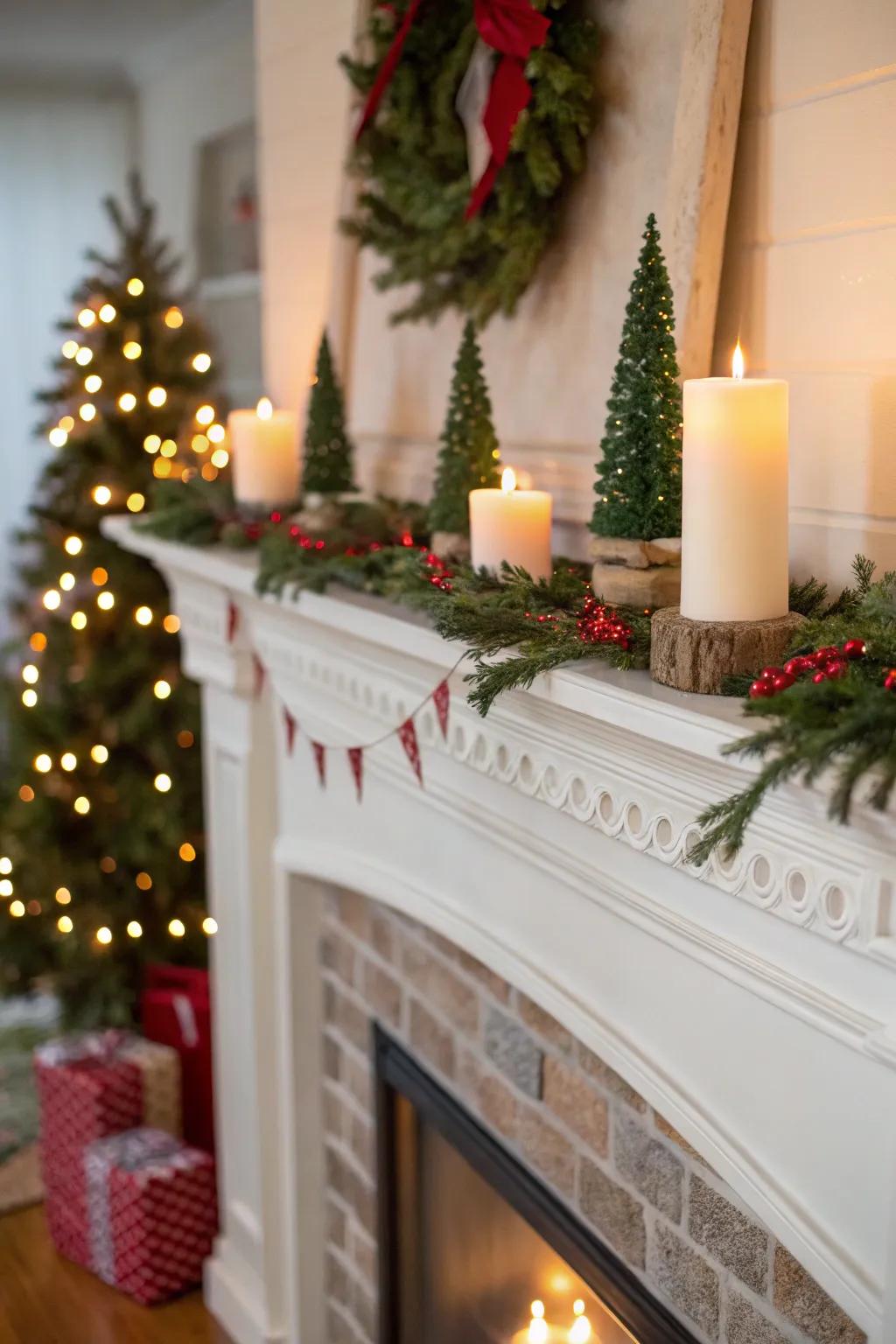 A mantle transformed into a winter wonderland with candles and mini trees.
