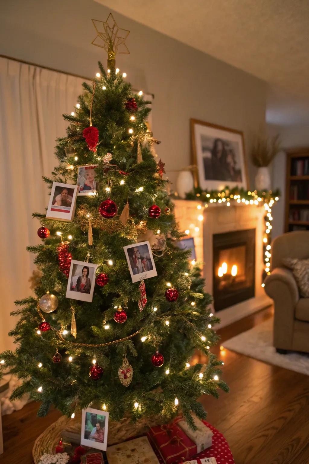 Personalized touches with handmade ornaments and family photos.