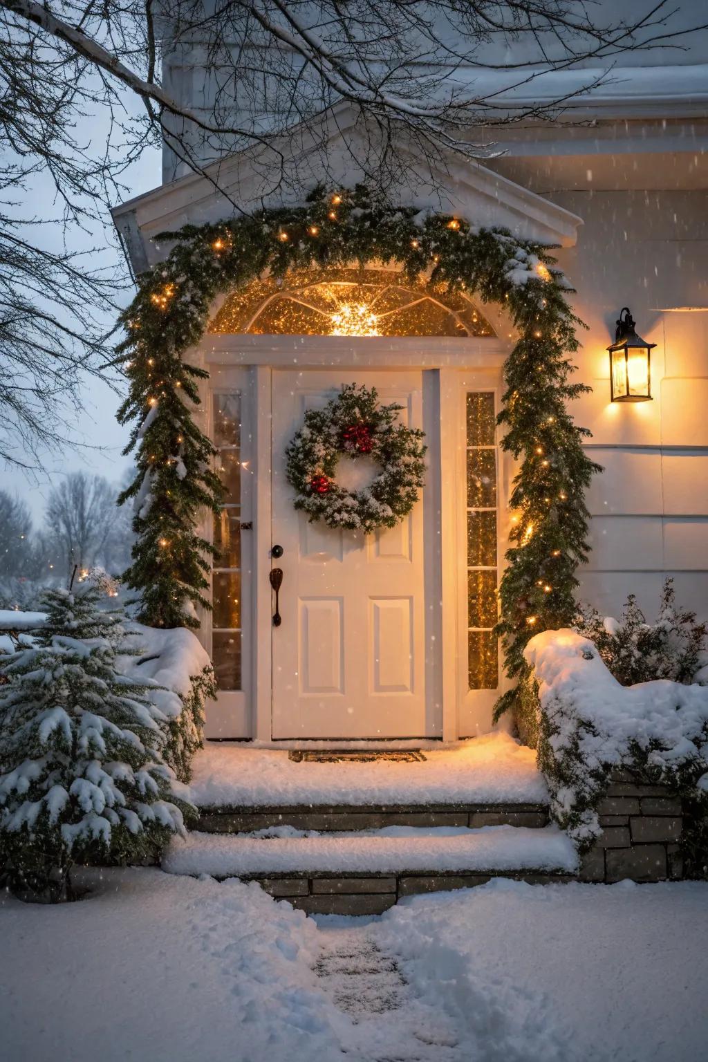 An inviting entryway embellished with a festive wreath and garland.