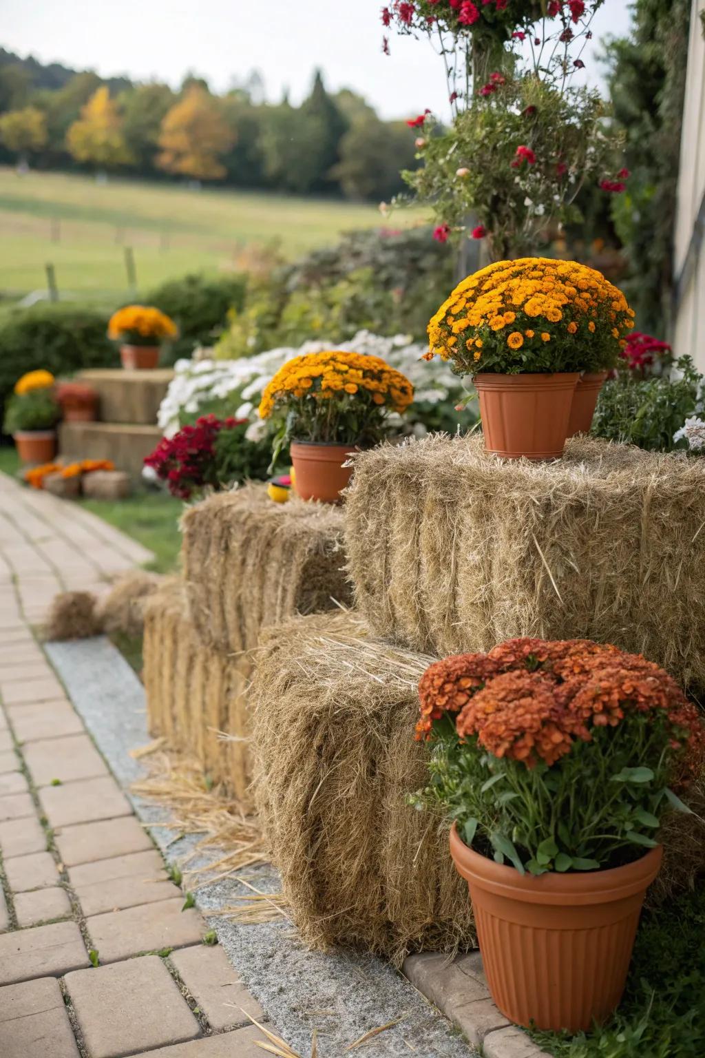 Hay bales topped with vibrant mums create a stunning display.