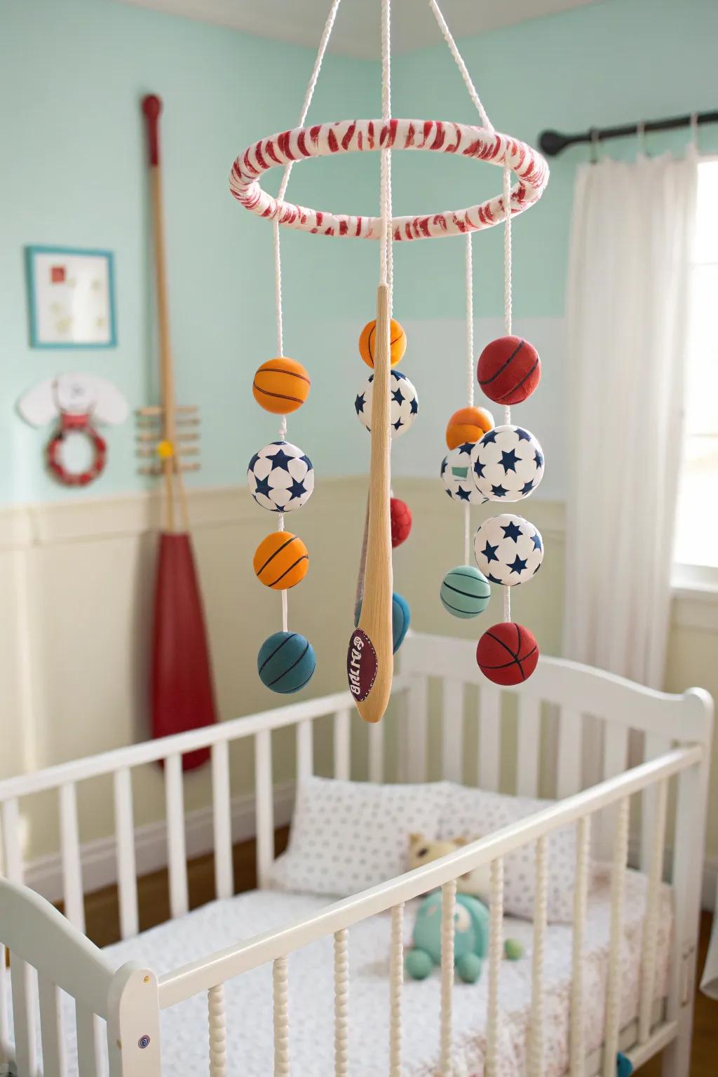 A sports mobile offers visual interest and gentle movement above the crib.