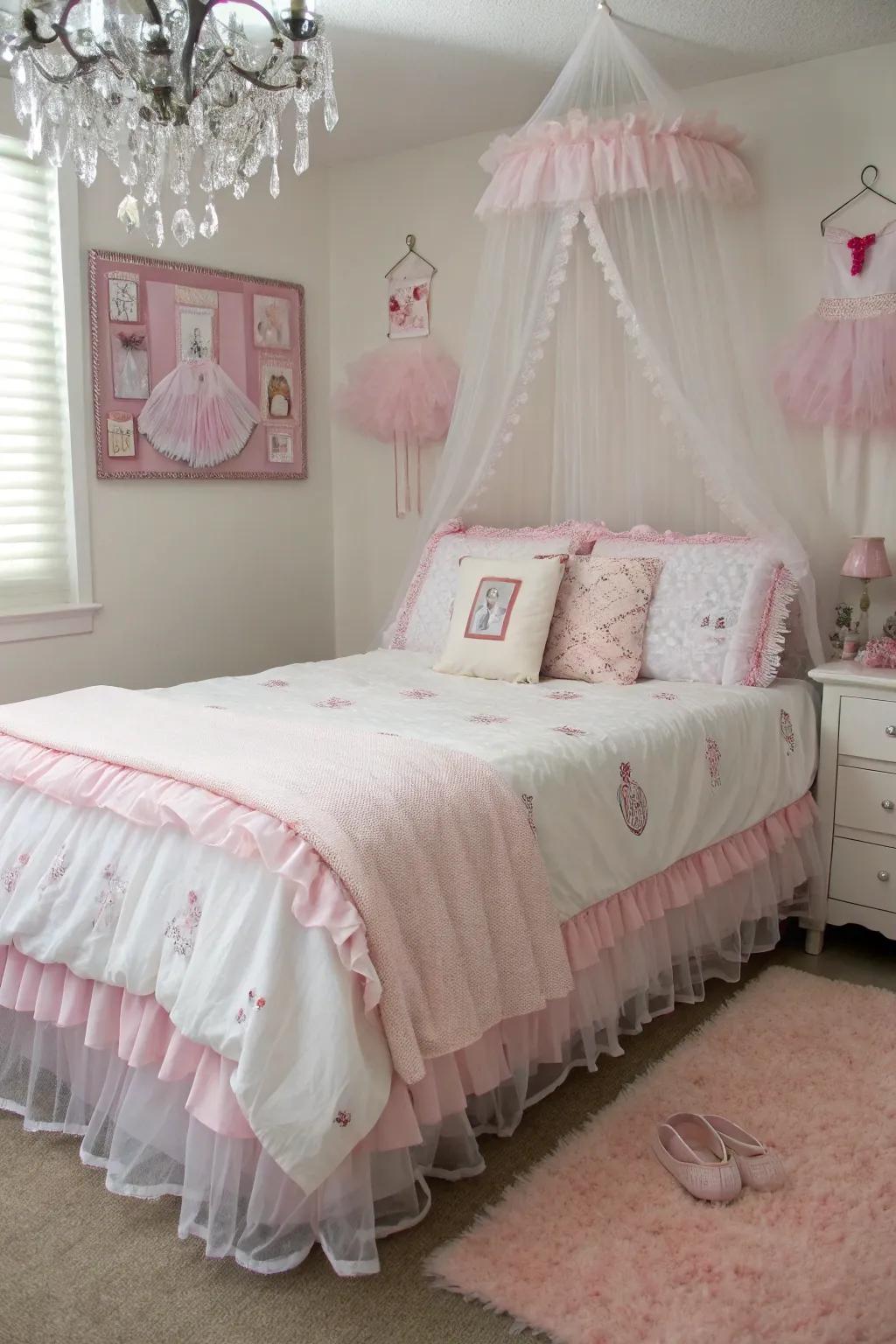 Ruffled bedding adds a tutu-like charm to the bed.