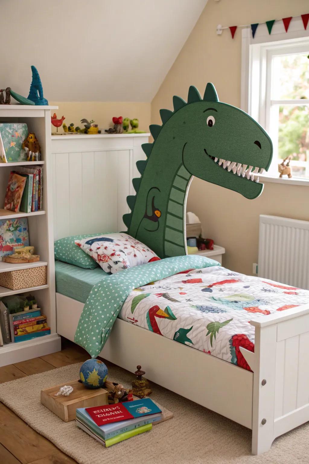 A custom dinosaur headboard that adds a dramatic touch to the room.