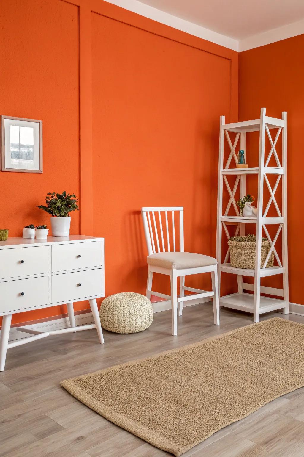 A room with a bold orange accent wall paired with sleek white furniture.