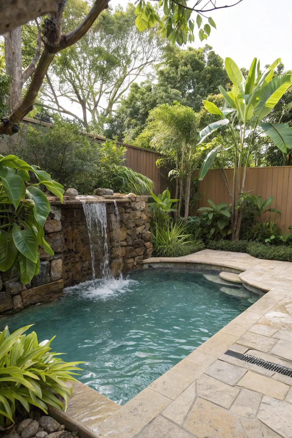 Mini pool featuring a tranquil waterfall element.