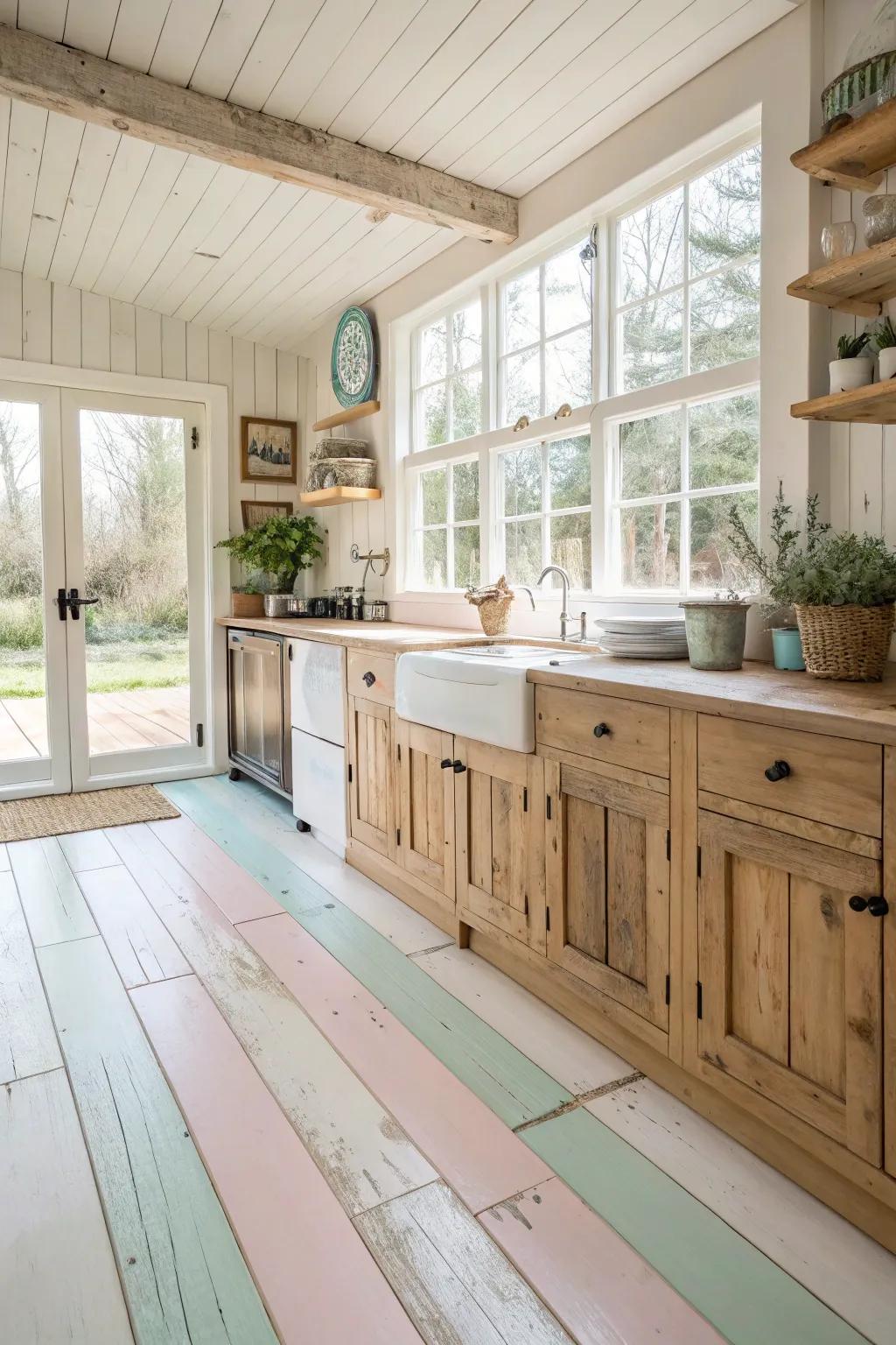 Painted wood floors bring a fresh twist to rustic kitchens.