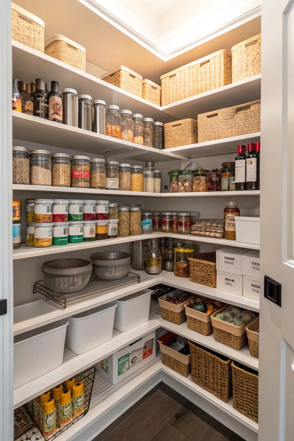 Expandable shelves provide versatile storage adaptations.