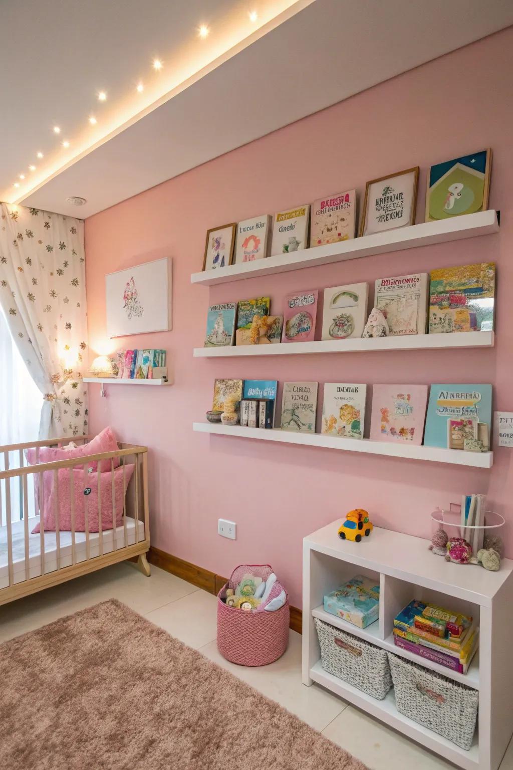 Innovative wall shelves blend style and storage.