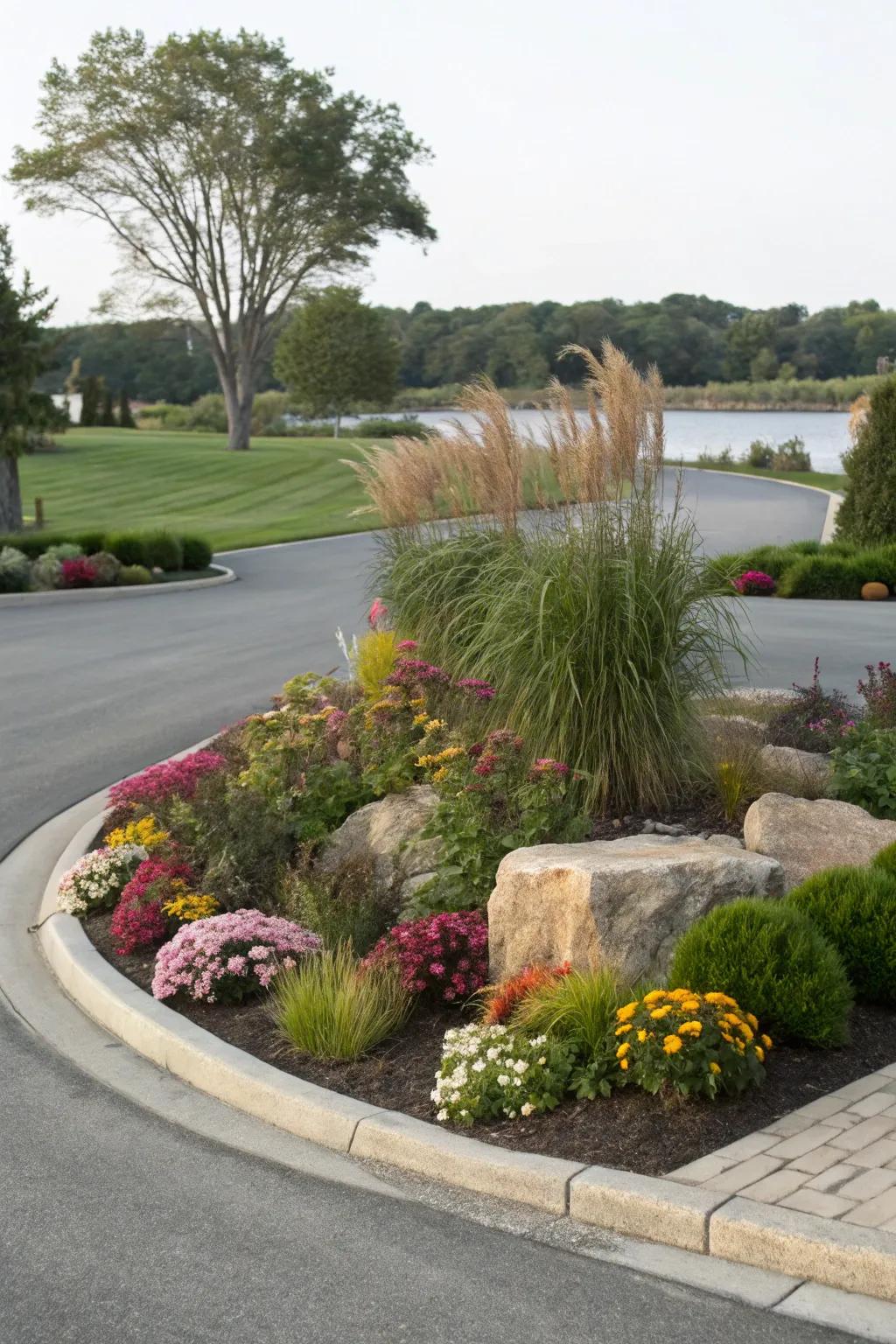Lush central greenery adds elegance to your driveway.