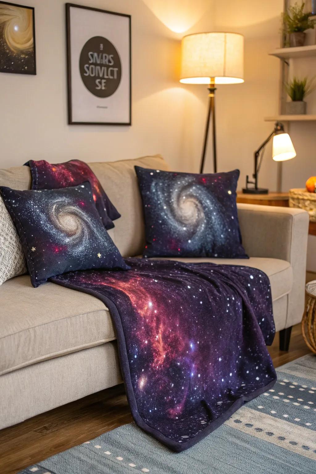 Textiles with cosmic patterns add a galactic flair to your living space.