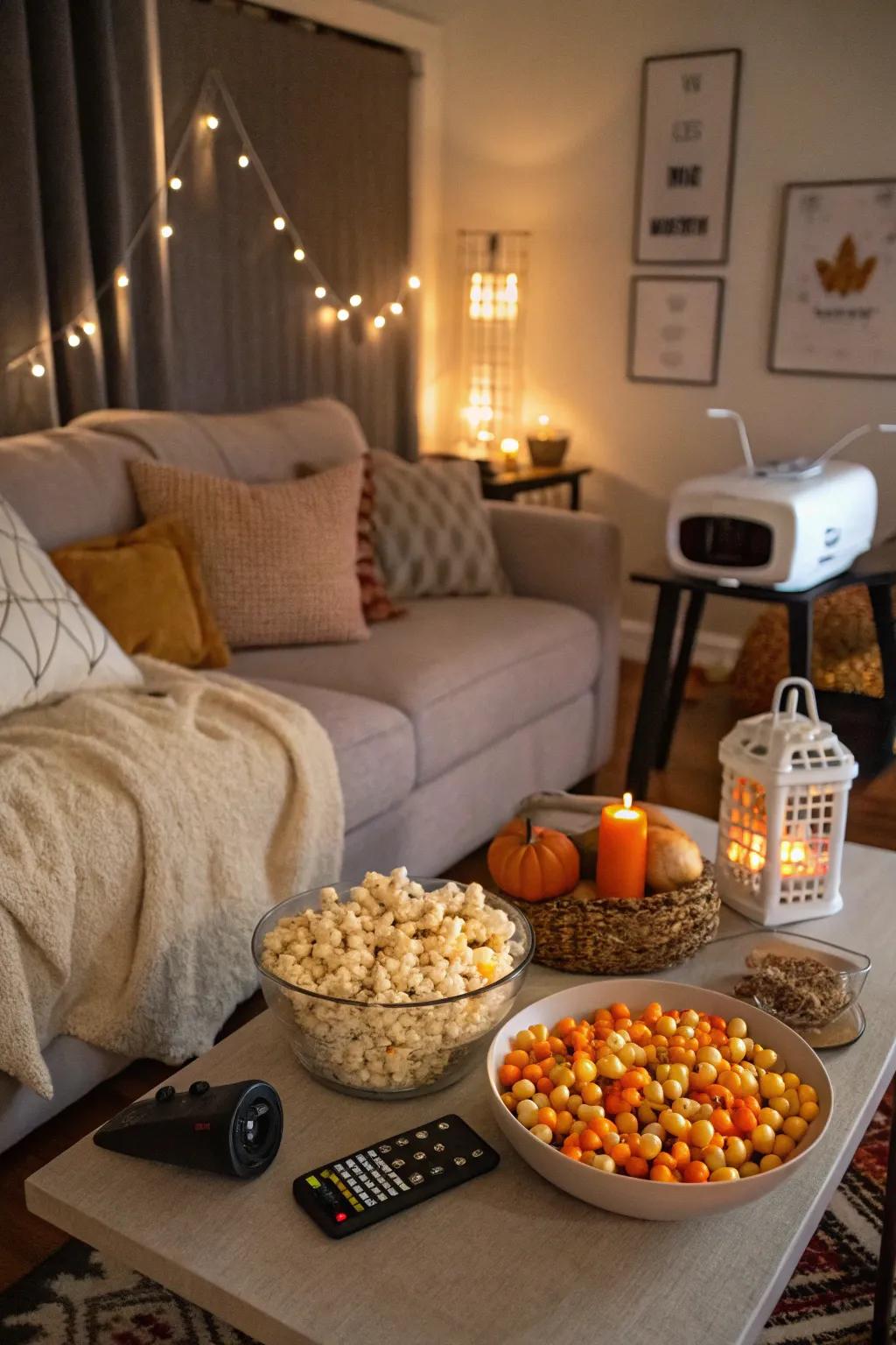 Cozy Halloween movie marathon setup