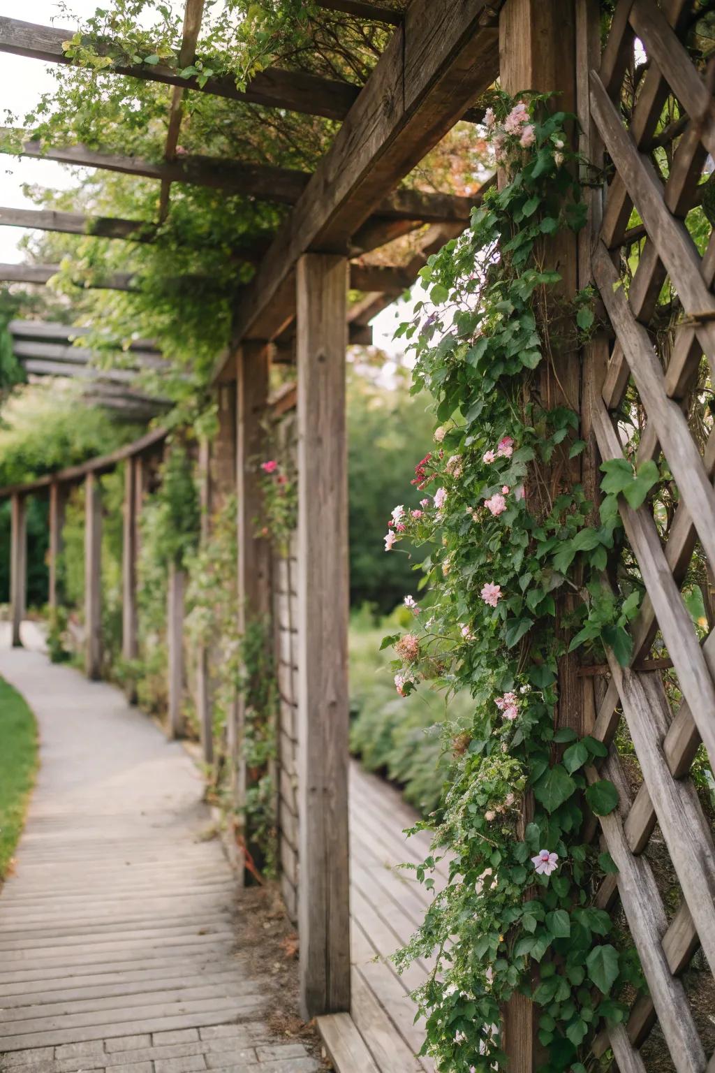 Enhance your garden’s atmosphere with a textured wooden trellis.