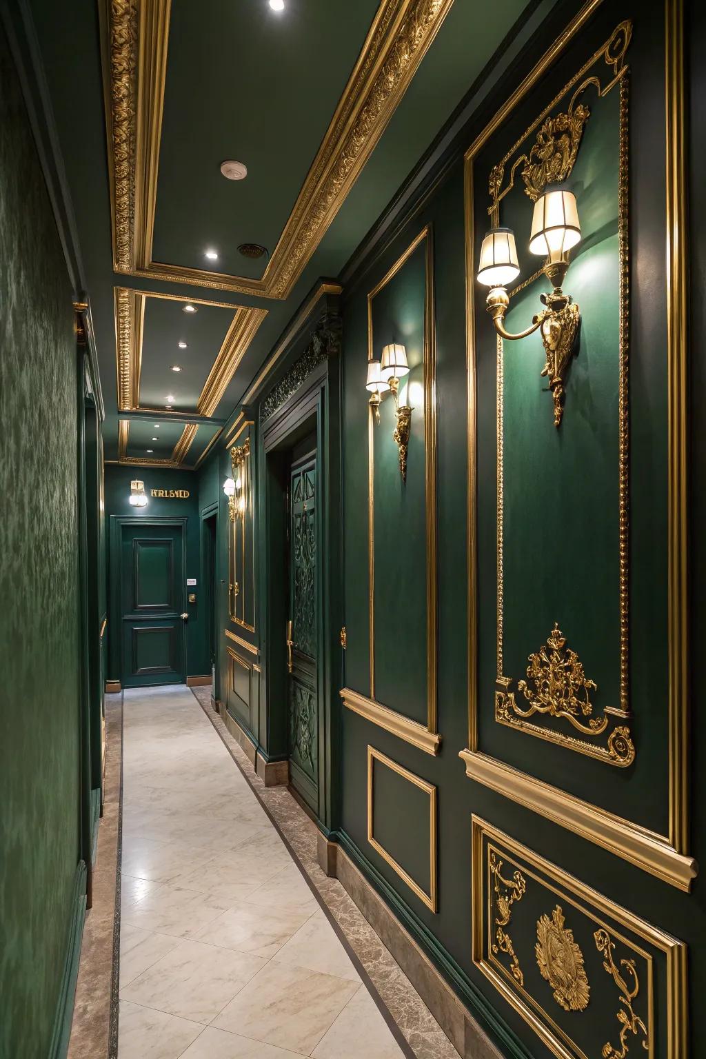 Golden details enhance the sophistication of a forest green hallway.