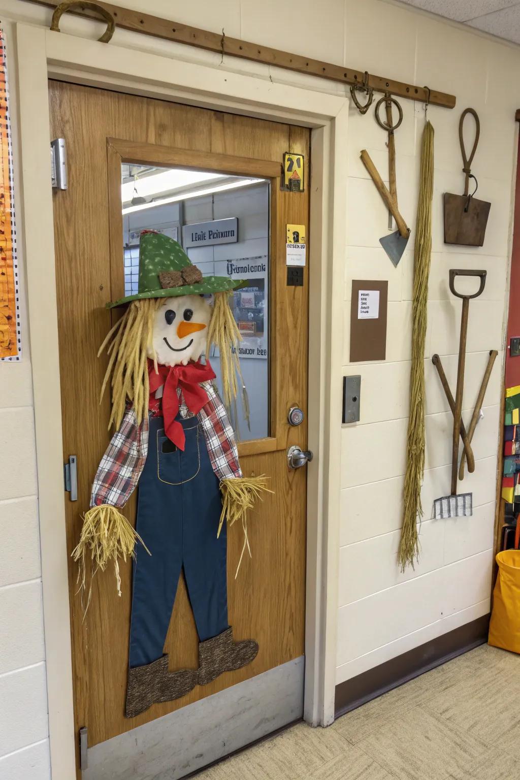 A hay figure greeting students with autumn cheer.