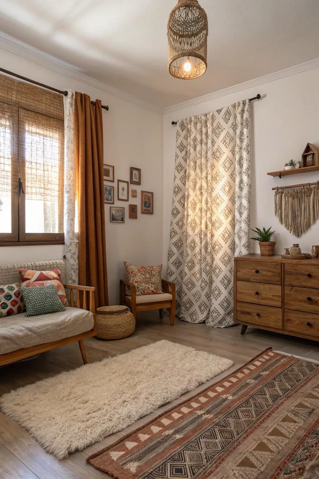 Combining diverse textures adds warmth and dimension to the shared room.