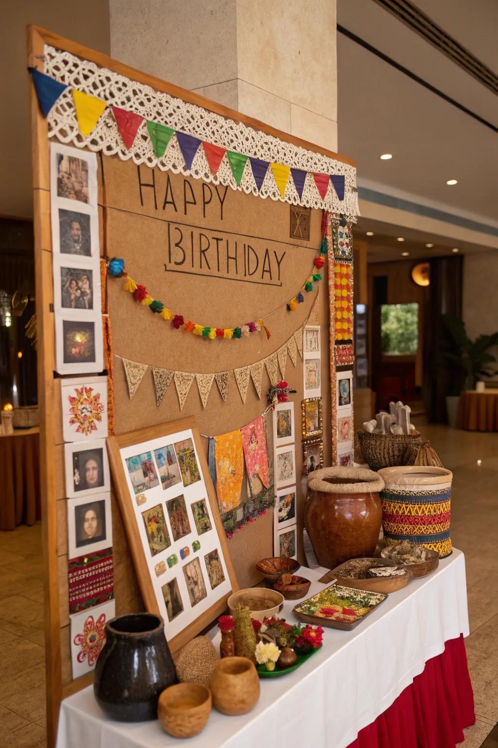 A vibrant birthday display inspired by cultural heritage and traditions.