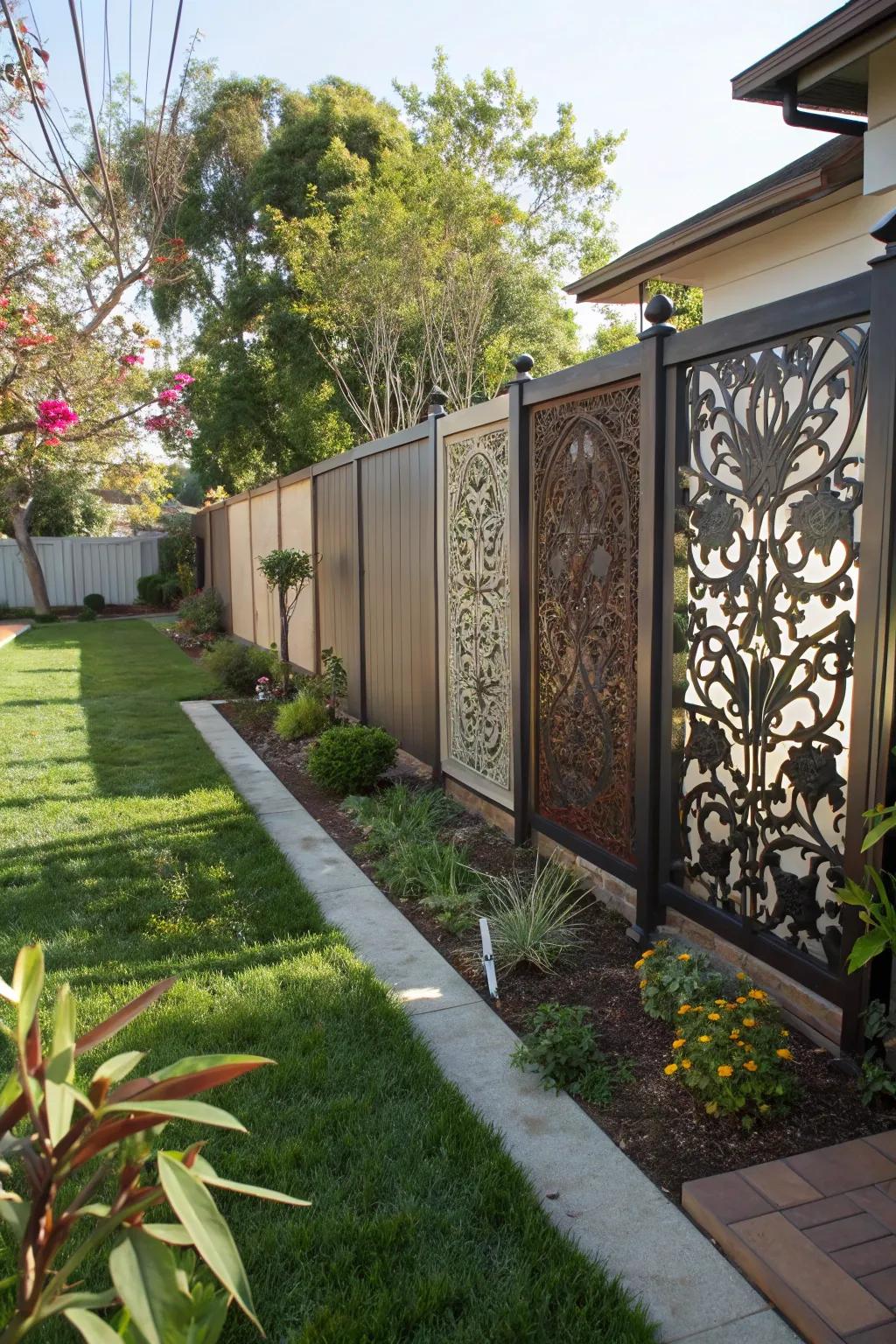 Artistic metal panels providing privacy with a creative touch.